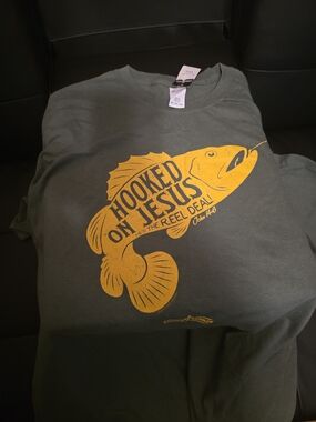 Gildan Green Short Sleeve Tee with Yellow Fish Graphic - Hooked on Jesus
